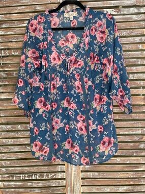 Decree Blue Floral Tie-Neck Blouse